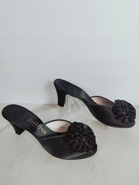 VTG Daniel Green Black Satin Pouf Slip On Heels Mules, Sz 10